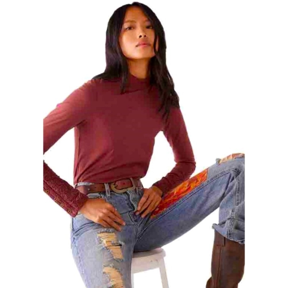 Free People Burgundy Hooked On You Embroidered Top